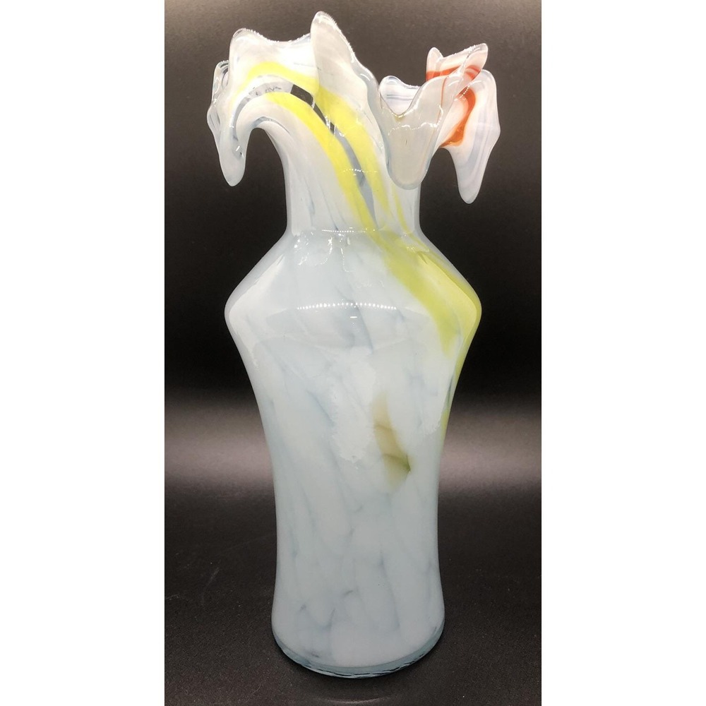 Vintage Hand Blown Art Glass Vase‎ White Yellow Orange Swirl Ruffled Top